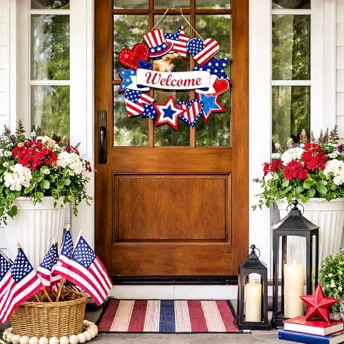Wooden 4th of July Decorations Patriotic Wreaths for Front Door Independence Day Decorations Star Sign Welcome Memorial Day Hanging for Home Wall Decor Outdoor Indoor Red White and Blue Wreath — view 4