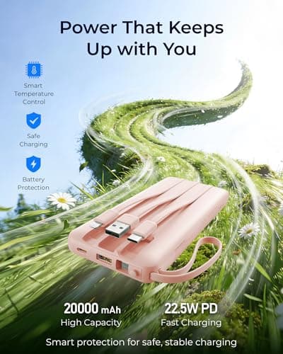 VRURC Portable Charger Slim 20000mAh Power Bank,22.5W PD Fast Charging Travel Essentials Powerbank 4-Built-in-Cables&2 Extra Ports Compatible with iPhone,iPad,Galaxy,Android (Pink) — view 2