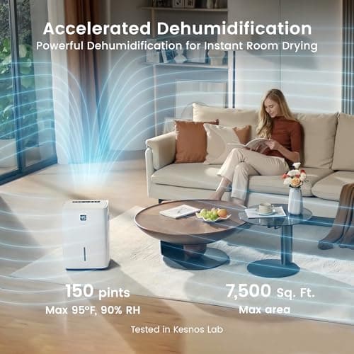 Kesnos 150 Pints Dehumidifier for Basement & Home with Drain Hose, Front Humidity Display and 2.12-Gal Water Tank, Ideal for Commercial and Industrial Large Room up to 7,500 Sq. Ft., Timer