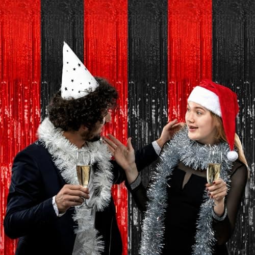 2 Pack Black and Red Party Backdrop Streamers Decorations Foil Fringe Curtains Metallic Tinsel Backdrop for Birthday Halloween Christmas New Year Fancy Ball Graduation Party Decor — view 3