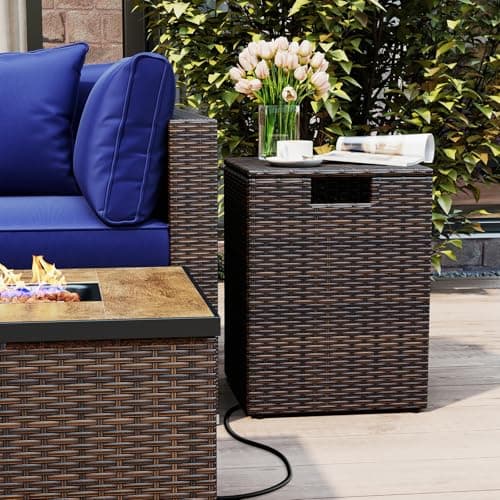 Tangkula Wicker Propane Tank Cover Table, 20 LB Gas Tank Holder Storage Box with Flip Lid & Adjustable Foot Pads, 16" Outdoor Rattan Hideaway Table for Gas Fire Pit, Grill, Griddle & Stove (Brown)