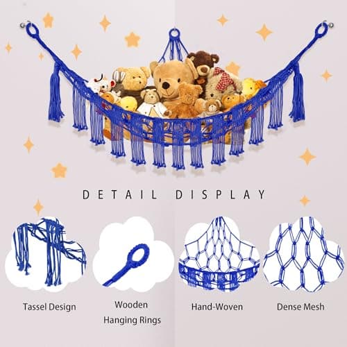 CERETIA Stuffed Animal Hammock with LED Light, Toy Hammock for Stuffed Animals Storage for Kids Room Decor, Stuffed Animal Hammock Corner, Royal Blue — view 5