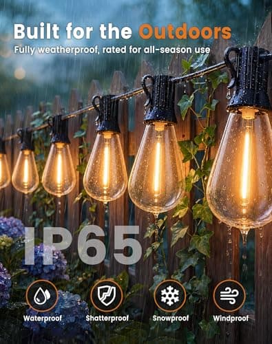 Patifaire Outdoor String Lights 60FT(50+10) Waterproof, 25 LED S14 Shatterproof Edison Bulbs, 2FT Spacing, Extension Cord, Connectable Plug in Hanging Patio Lights for Outside, Backyard, Warm White — view 3