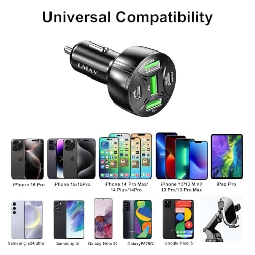 USB C Car Charger Adapter, 5 Ports 75W PD 3.0 Car Phone Charger Fast Charging Compatible with iPhone 16/15/14/13 Pro Max Series, iPad Pro, Galaxy S24/S23/S22/Note 20, Android, Pixel. — view 3
