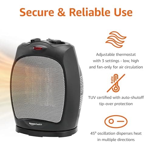Amazon Basics Oscillating Ceramic Space Heater, Portable Fast Heating Indoor Solution, With Overheat and Tip-Over Protection, Thermostat, 1500W, 7.52"D x 6.34"W x 9.45"H, Black