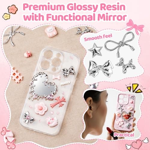 Noledome Junk Case Charms Kit - Pink-Silver Themed Flat Back Resin Pieces - Phone Decorations with Mirror and Tweezers - Kawaii Accessories for DIY Cute and Junk Phone Case, Jewelry, Nail Art, Shoes, Socks, Keychains — view 2