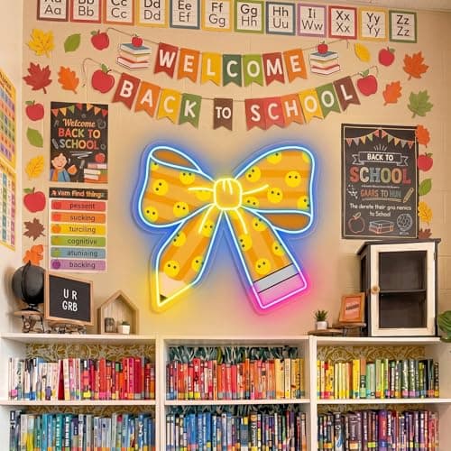 Woanger Bow Pencil Neon Sign for Classroom Reading Corner Decor Back to School Reading Nooks Decorations Cute Aesthetic LED Classroom Wall Decor with Smile Face for Library Background — view 4