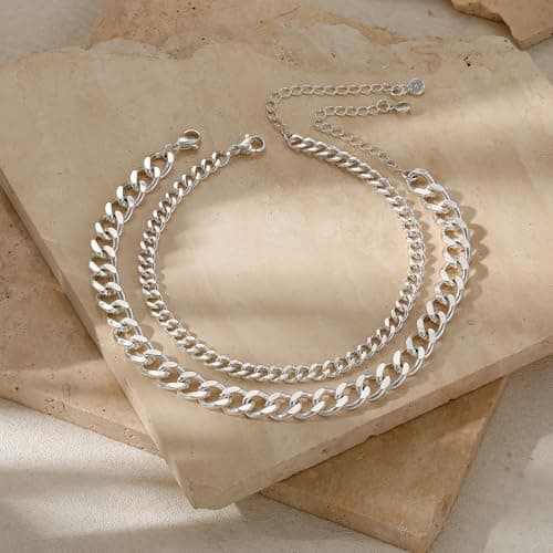 Tewiky Chunky Ankle Bracelets for Women,Dainty Layered Waterproof Anklet for Women Adjustable Cuban Set Stackable Cute Summer Beach Jewelry Gift — view 4