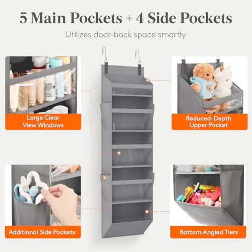 Lifewit 1 Pack Over the Door Organizer, Clear Window Hanging Storage with 4 Side Pockets, Anti Tilt 40 lbs Load Behind Door for Pantry, Nursery, Bathroom, Bedroom, Dorm, 5 Section, Gray — view 2