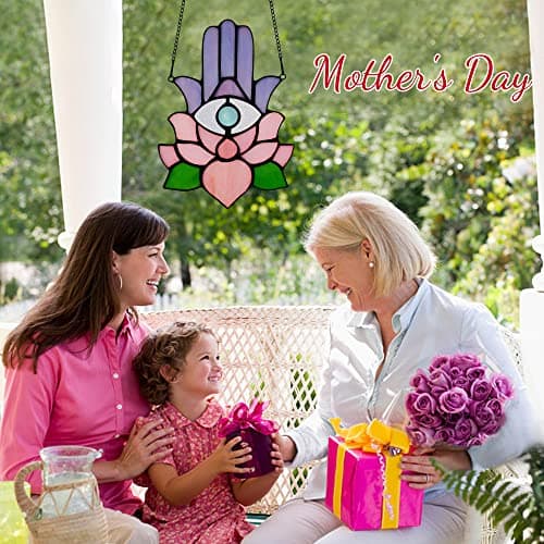 HAOSUM Hamsa Hand Decor Stained Glass Window Hangings,Lotus Flower Suncatchers for Windows Amulet Meditation Home Decor,Spiritual Gift for Women,Baptism Blessing Housewarming Gift