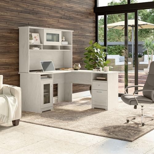 Bush Home Cabot L Shaped Desk with Hutch, Corner Desk with Storage for Home Office in Linen White Oak, 60W L Shaped Computer Desk