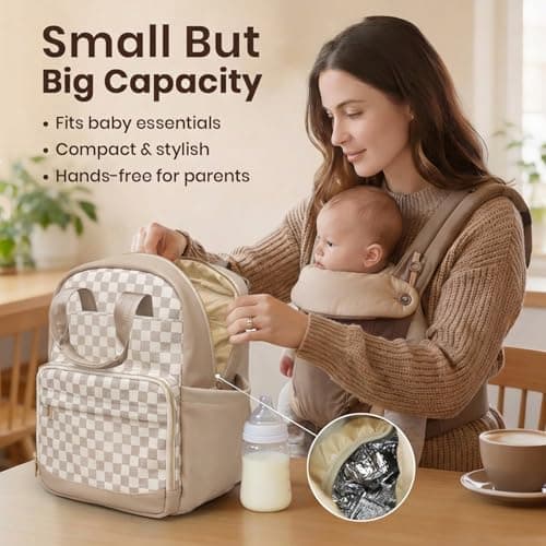 miss fong Small Diaper Bag - Baby Diaper Bag Backpack Checkered Diaper Bag with Changing Pad Baby Backpack for Travel Daycare Mommy Diaper Backpack Pañaleras Para Bebe for Mom & Dad-White&Beige