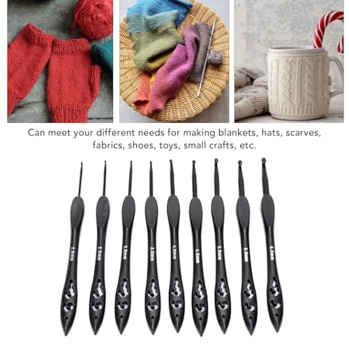 WQAPVHBG 9Pcs Crochet Hooks Set, 2.0-6.0mm Ergonomic Crochet Hook Set, Multipurpose Crochet Knitting Hooks with Hollow Design for Making Blankets, Hats, Scarves, 6.3in, Black — view 2