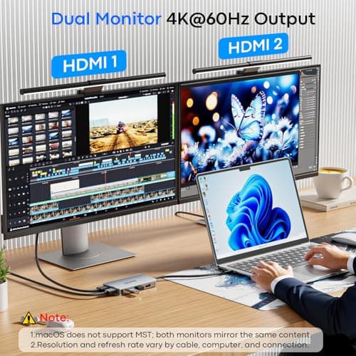 UANTIN 6-in-1 USB C Hub, Type C to Dual HDMI Adapter 4K@60Hz, HDMI Splitter Extended Display for Dual Monitor with 100W PD Port, USB 2.0, Dual Monitor Adapter for Dell XPS, HP, MacBook Neo/Air/Pro — view 2