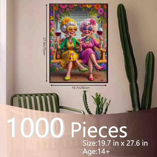 Swing Old Woman Jigsaw Puzzle 1000 Pieces for Adults Friends Party Wine Glasses Flowers in Blossom Puzzle Impossible Hard Difficult Challenging for Adults Gifts for Friends and Family