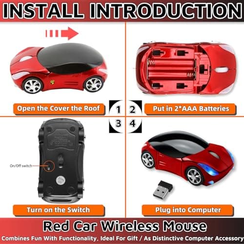 HUGJEPTTY Cute Mouse Wireless Red，1600DPI 2.4G with USB Reciver Car Mouse for Computer Wireless Computer Mouse Wireless USB Wireless Mouse for Laptop Computer Tablet for Windows for Mac OS（Red） — view 5