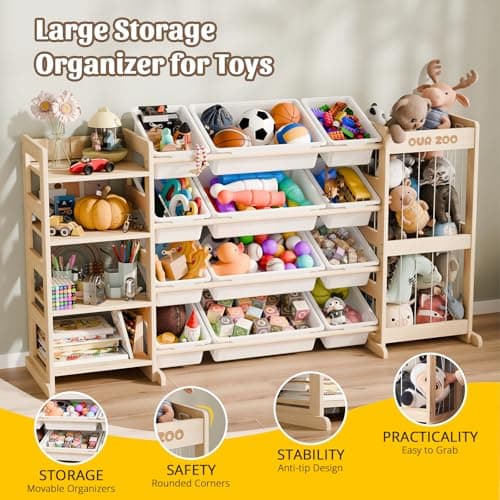 Large Kids Toy Storage Organizer - Toy Organizers and Storage with Stuffed Animal Storage, Solid Wood Toy Storage Shelf with 12 Plastic Bins, 4-Tier Bookshelf for Kids Room, Playroom, Bedroom, 59 inch — view 3