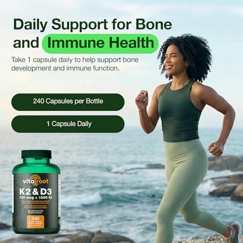 VitaRoot Vitamin D3 + K2 Supplement (8-Month Supply) – 1000 IU D3 with 120mcg K2 MK7. Vitamin D with K2 for Bone, Teeth & Immune Support. Vegan, Non-GMO, Made in Canada