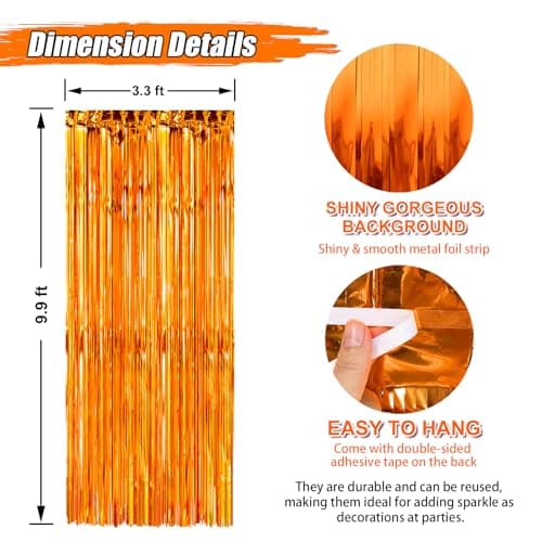 Crosize 2 Pack 3.3 x 9.9 ft Foil Fringe Streamer Backdrop, Orange