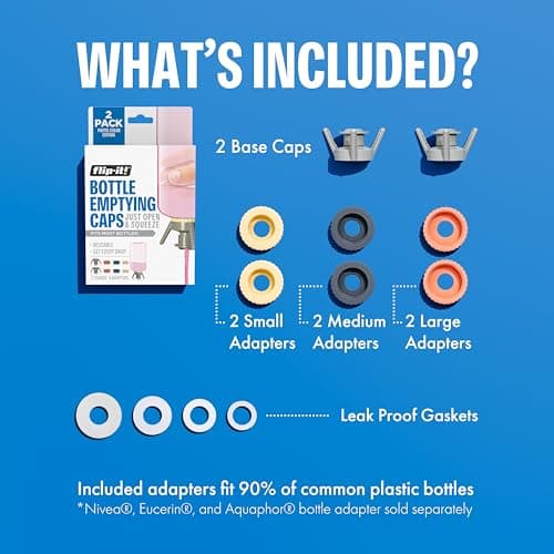 Flip-It! 2-Pack Premium Bottle Emptying Kit – No more wasted product - Fits most plastic bottles – Get out every drop of Shampoos, Lotions, & More – 2 Base Caps, 6 Adapters – Pastel Color Edition — view 3