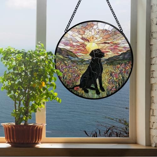 JMENGSSFL Black Labrador Retriever Dog Flower Stained Glass Window Hanging, Black Lab Gifts Suncatcher Sun Catchers Indoor Window, Dog Round Glass Wall Art Hanging Decor, 7.9x7.9 inch