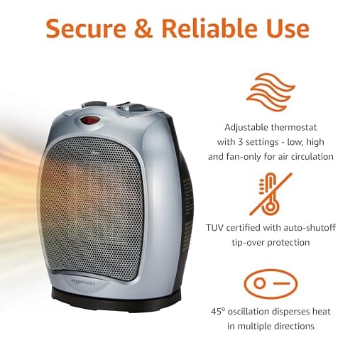 Amazon Basics Oscillating Ceramic Portable Indoor Space Heater, Fast Heating Technology, Overheat and Tip-Over Protection, Adjustable Thermostat, 1500W, 7.52"D x 6.34"W x 9.45"H, Silver