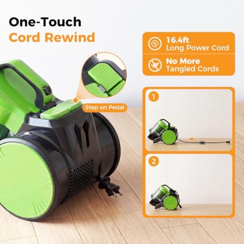 NEWBULIG Canister Vacuum Cleaners for Home, Strong Suction Bagless Vacuum Cleaner, 1000W 16Kpa for Hard Floor and Carpet, Retractable Cord,1.8L Large Dust Cup, Green — view 2