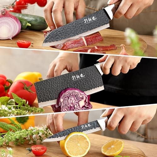 5 PCS kitchen Chef Knife Set, include 7 inch cleaver, 7 inch Santoku, 4.5 inch utility knife, Kitchen Scissors and Peeler — view 3