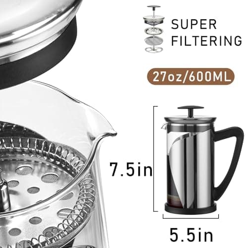 KYZ French Press Coffee Maker, 304 Stainless Steel with 4 Level Filter, 20oz Borosilicate Glass Coffee Press, Heat Resistant, Easy to Clean, 100% BPA Free for Coffee & Tea — view 3
