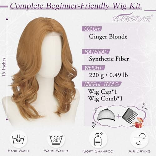 BARSDAR Short Wavy Natural Red Wig - Shoulder Length Wavy Ginger Wigs for Women - Short Body Wave Auburn Layered Wig with Face-Framing Curtain Bangs Soft Synthetic Natural Looking Daily Party