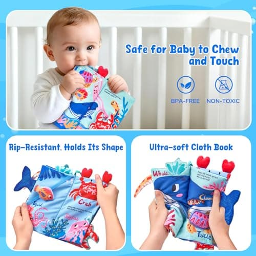 JoyCat Baby Books 0-6-12 Months - Ocean Tummy Time Toys Mirror - Montessori Sensory Activity Cloth Book with 3D Crab & Fish - Newborn Easter Basket Stuffers — view 2