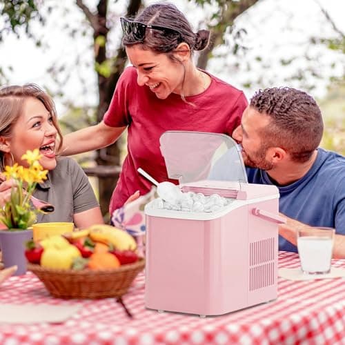 KMFurnila Ice Makers Countertop, Portable Ice Machine with Handle, 6 Mins 9 Bullet Ice Cubes with Basket and Scoop, 26lbs in 24Hrs, Auto-Cleaning, for Home, Kitchen, RV, Camping, Pink — view 4
