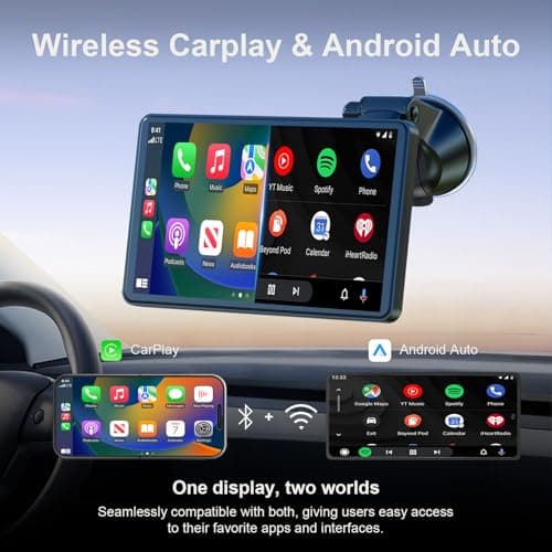 7" Portable Apple Car Play Screen for Vehicle, Wireless Android Auto & Apple Carplay Screen for Car with Bluetooth, GPS Navigation, Voice Control, Mirror Link, FM, AUX