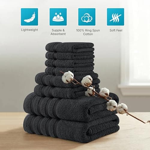 Utopia Towels 8 Piece Towel Set – Super Absorbent & Quicker-to-Dry, Thick 100% Ring Spun Cotton Towels for Bathroom, Spa & Hotel – 2 Bath, 2 Hand, 4 Washcloths, Black — view 3