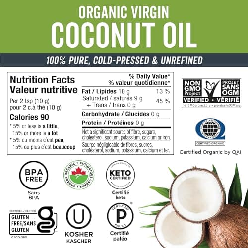 Viva Naturals Organic Virgin Coconut Oil,16 fl oz (473 mL) – Coconut Oil for Hair, Skin, Cooking & Baking – Cold-Pressed, Unrefined & Non-GMO – Keto & Paleo Certified – BPA-Free Jar