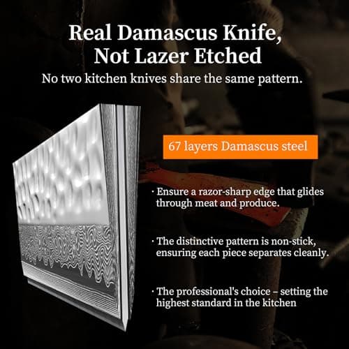 KEEMAKE 8" Damascus Chef Knife, Ultra Sharp 10° Edge Japanese VG10 Kiritsuke Kitchen Knife with Ash Sheath, 67 Layers Hand Forged Hammered Cooking Knife for Meat, Vegetable & Fruit, Camping & BBQ Gift — view 2