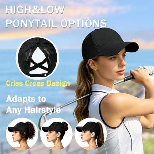 WXGKSA Womens Criss Cross Ponytail Baseball Cap, Adjustable High Messy Bun Sun Hat Quick Drying UV Protection Breathable Sport Cap for Outdoor Activities (US, Alpha, One Size, Black+Black)