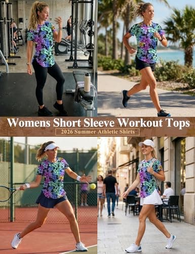 LOMON Loose Workout Tops for Womens Short Sleeve Athletic Shirts Quick Dry Moisture Wicking UV Sun Protection Hiking Gym Tees Floral Print 1, Medium — view 2