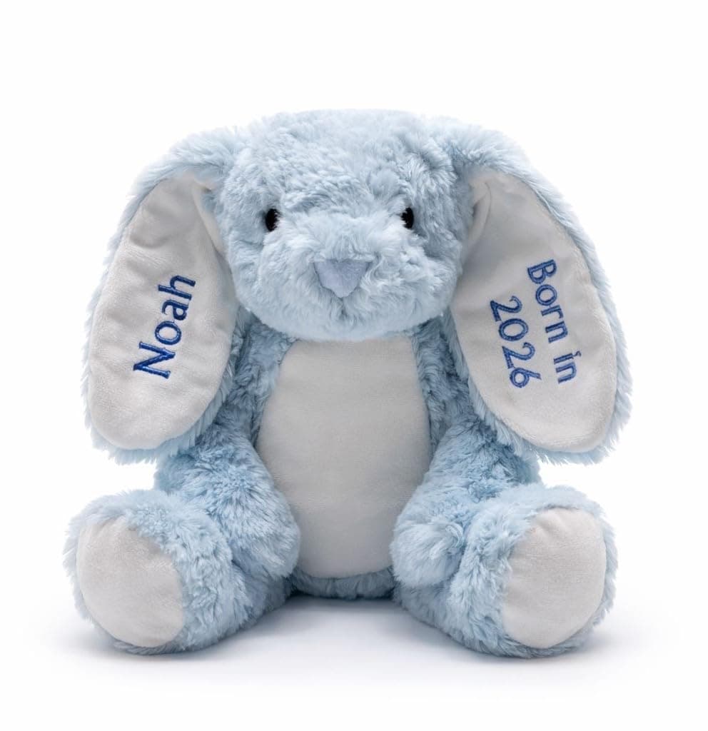 Personalised Baby Bunny Teddy Bear – Soft Plush Rabbit with Custom Name & Date – Newborn Baby Gift, Baby Shower Present, Nursery Soft Toy, Baby’s 1st – 5 Colours