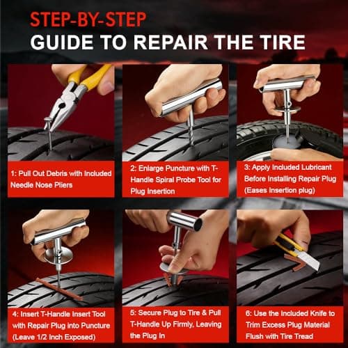 SBGGRL 77Pcs Tire Plug Kit, Heavy Duty Tire Repair with Rubber Nails, Screw Plugs, T-Handle, Professional Fix a Flat Puncture Patch Tools Kit for Car, Motorcycle, Truck, UTV, ATV & Lawn Mower Tubeless — view 3