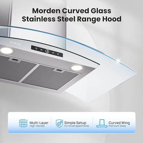 VIKIO HOME 36 Inch Wall Mount Range Hood, 450 CFM Dual Inlet, Curved Glass Kitchen Vent Hood, Ducted/Ductless Convertible, 3-Speed Touch Control, LED Lights, Stainless Steel — view 2