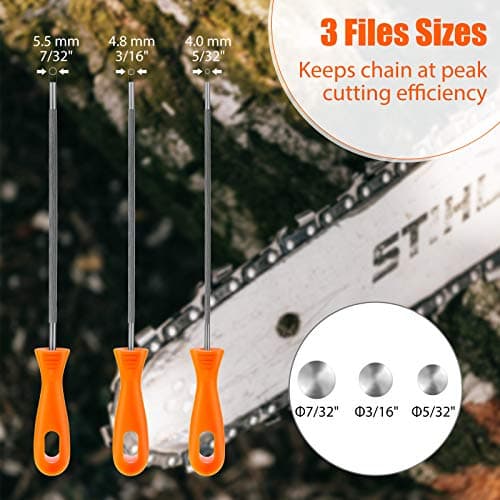 Honoson 3 Pieces Chainsaw Chain Round Steel Chainsaw Sharpener File with Plastic Handle (5/32,7/32,3/16 Inch) — view 2
