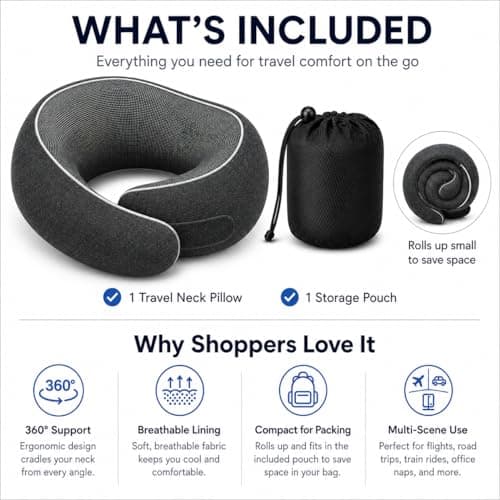 SILVORIC Travel Neck Pillow for Airplanes, Pure Memory Foam Neck Pillow with Washable Cover and Storage Bag, Ergonomic 360° Support for Sleeping, Car, Office, Home, Black — view 3