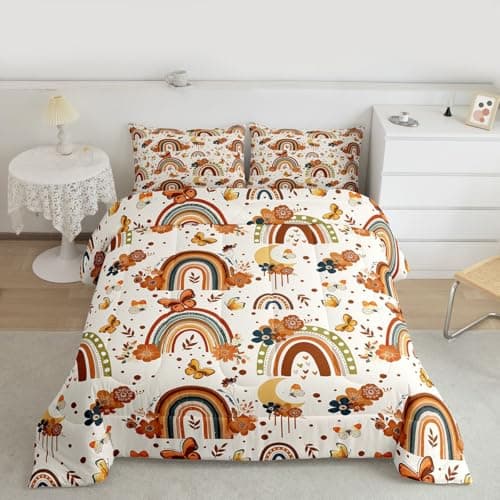 Erosebridal Girls Rainbow Comforter Set Twin Boho Butterfly Kids Bedding Set Bohemian Flowers Floral Leaves Quilt Set Moon Dream Catcher Bed Set Orange Tribal Exotic Style Room Decor 1 Pillow Case