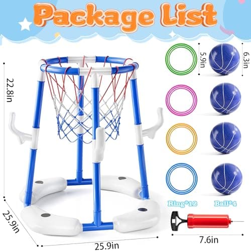 Pool Basketball Hoop,2-in-1 Floating Pool Basketball Toys with 4 Balls,12 Rings&Pump, Basketball & Ring Toss Swimming Pool Games, Summer Outdoor Water Play Toy for Kids 4-8 8-12,Blue