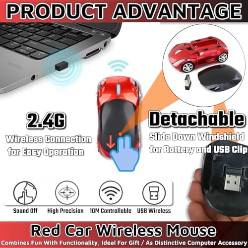 HUGJEPTTY Cute Mouse Wireless Red，1600DPI 2.4G with USB Reciver Car Mouse for Computer Wireless Computer Mouse Wireless USB Wireless Mouse for Laptop Computer Tablet for Windows for Mac OS（Red）
