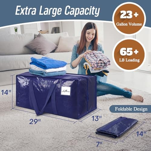 6 Pack Extra Heavy Duty Large Moving Bags with Strong Zipper & Comfortable Handles, Sturdy & Durable Clothes Storage Bags Totes Bins, Blue Packing Moving Boxes for College Supplies, Dark Blue — view 2