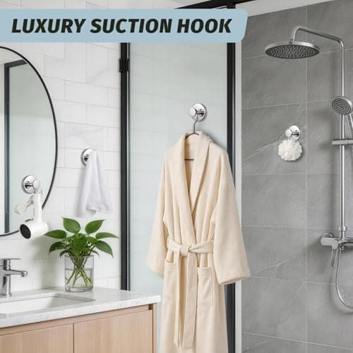 warlve Large 15lb Suction Cup Hooks for Shower, No-Drill Bathroom Towel Hooks for Robes, Loofah, Removable Mountable on Glass, Tile, Mirrors, Smooth Non-Porous Surfaces(2, Chrome Polished) — view 5