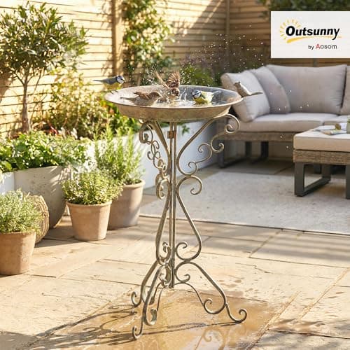 Outsunny 30" Tall Bird Bath with Bird Statue and Decorative Stand, Vintage Garden BirdBath Bowl Pedestal, Freestanding Bird Feeder for Garden Yard Patio, Cool Ash Green