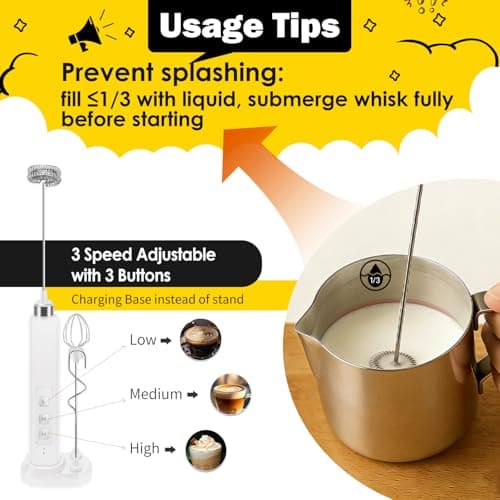 Rechargeable Milk Frother Handheld with 3 Detachable Stainless Whisks, 3 Speed Adjustable Drink Mixer, Mini Frother Wand for Coffee, Matcha, Protein Shakes, with Charging Base and Whisk Storage — view 2